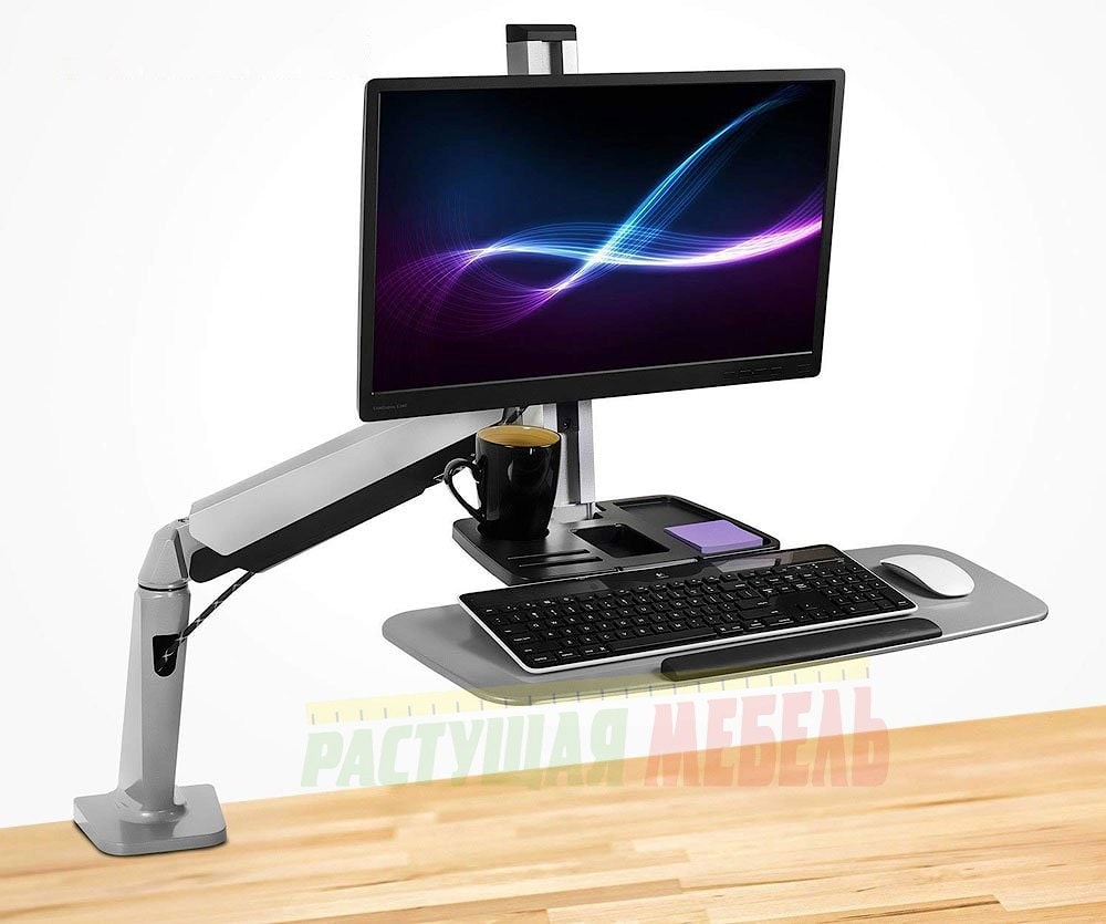 Настольный кронштейн для мониторов Workstation Silver с подставкой для клавиатуры, полкой для телефона и USB-зарядкой