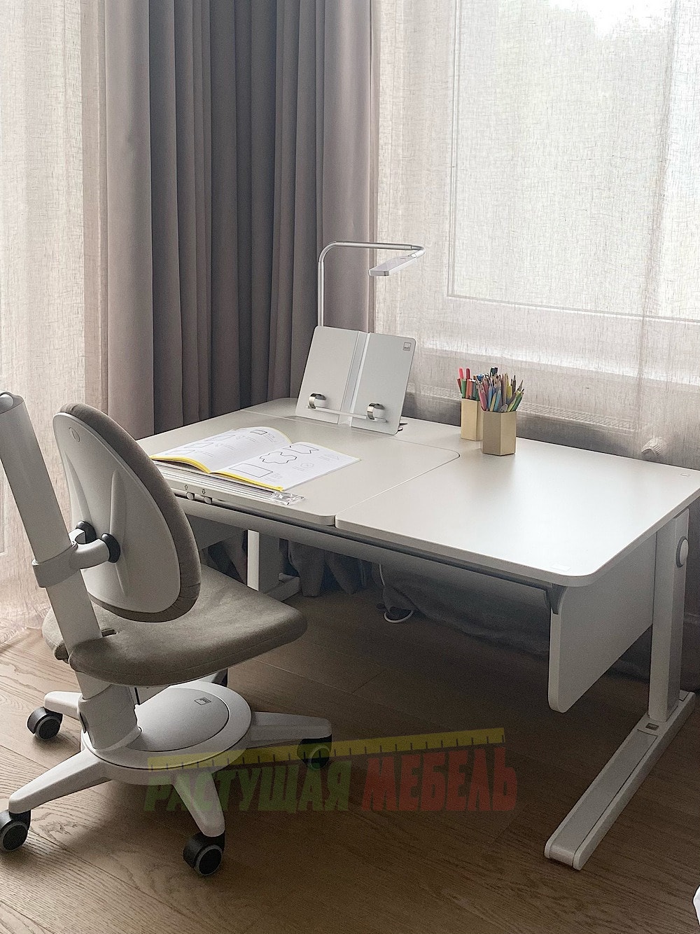 Регулируемая растущая парта moll Champion, стул moll Maximo и лампа moll Flexlight