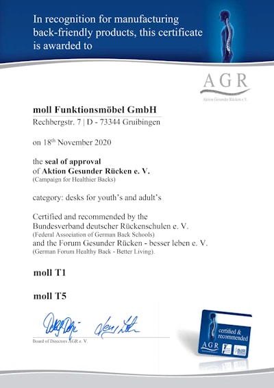 Стол moll T5 отмечена знаком качества AGR.